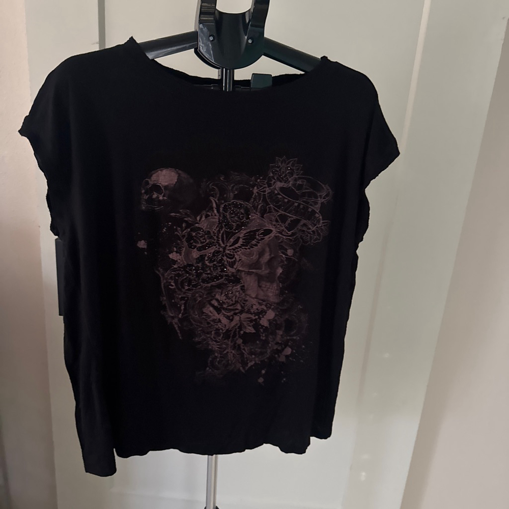 Women's ana Black Gray Skull Graphic Short Sleeve Tee 1X